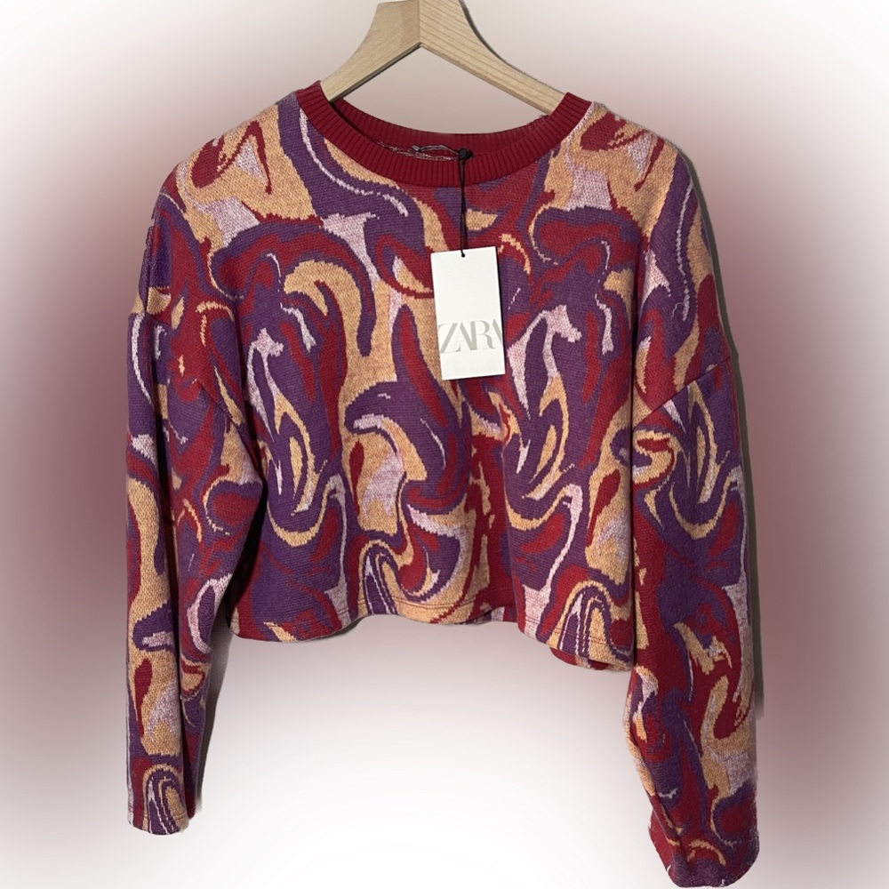 Zara Jacquard Cropped Sweater Womens Large (Red Purple Pink Orange) New with Tag